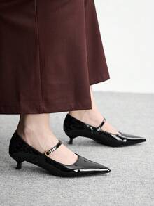 CUCCOO BIZCHIC 女士黑色漆皮尖头金属扣通勤百搭时尚高跟鞋春季鞋 - 黑色 - 查看 3