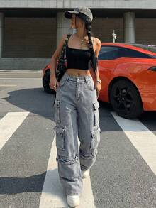 SHEIN EZwear 女士做旧编织牛仔效果休闲裤，多口袋设计，深灰蓝色 Y2K 牛仔裤，工装牛仔裤，阔腿牛仔裤，牛仔工装裤，宽松牛仔裤，Y2K 宽松牛仔裤，女士工装裤，女士牛仔裤，阔腿牛仔裤 - 灰色 - 查看 5