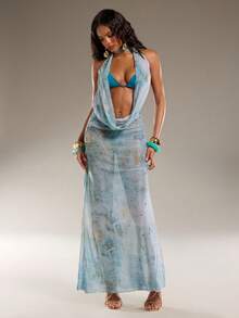 Normani Damen Neues Sommerkleid, Batik-Muster Boho transparente Strandabdeckung, elegantes, sexy, romantisches Retro-Kleid mit tiefem Rückenausschnitt und Raffung am Ausschnitt, Damen Resort-Bekleidung, Damen Strandkleid, Wickelkleider für Damen, Damenkleider - Verschiedenfarbig - Übersicht 1