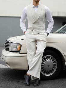 Manfinity Homme 男士米白色雙排扣背心與長褲套裝，夏季優雅雞尾酒晚宴穿搭，老錢風象牙色婚禮派對套裝，休閒辦公西裝，正式 - 杏色 - 查看 7