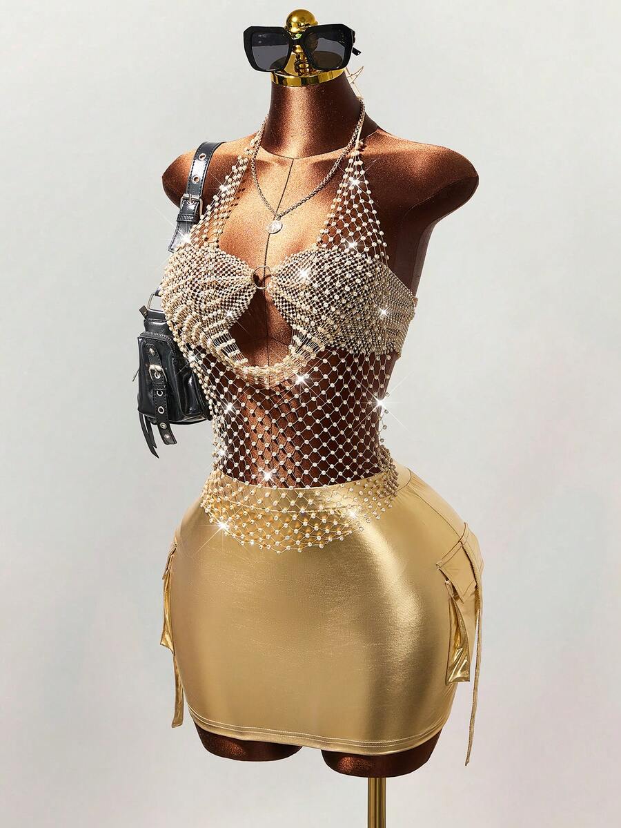 Mistrie 女士音乐节亮片网纱水钻露背吊带背心 - 黑色 - 查看 1