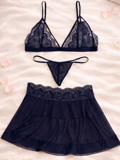 Conjunto de dos piezas para mujer que incluye un camisón sexy de talla única, con un diseño de cordones en contraste de color sólido combinado con tanga y un camisón cómodo. Lencería sexi.