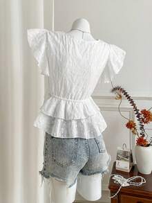 Elamini Sweet Romantic Pure Mori Girl Cute Casual Vacation Home Date Street School Party Ruffle Trim V-Neck Embroidered A-Line Cotton Blouse Top, Spring/Summer - White - View 2