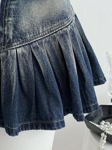 Elamini Falda vaquera plisada con efecto ombré lavado en estilo vintage casual - Azul lavado oscuro - Ver 3