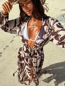 Swim Vcay Women's Spring/Summer Beach Dress, Long Sleeve Printed Waist-Cinched Slit Vacation Cover Up Dress, Kimono Cover-Up - Coffee Brown - View 4