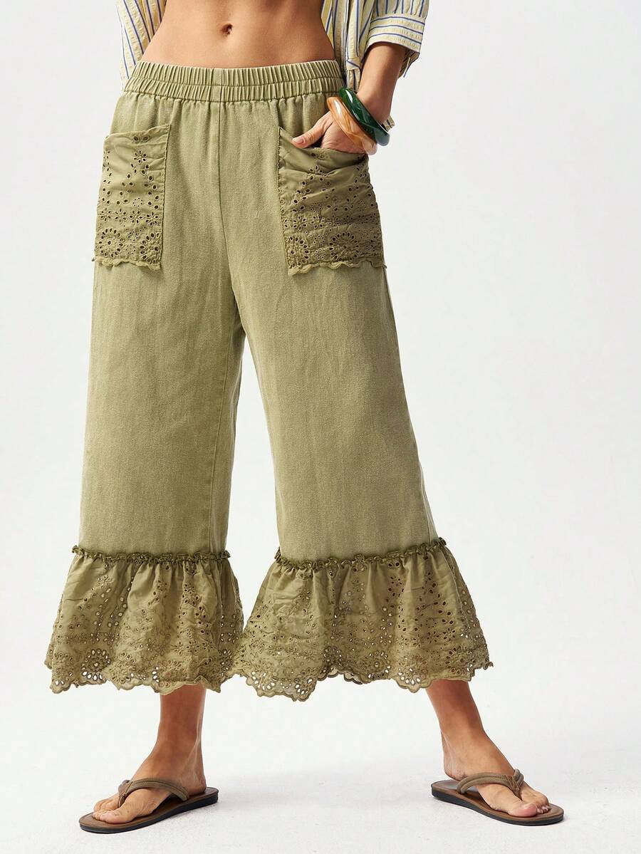 Bohemela 休闲梭织牛仔拼接蕾丝下摆宽松直筒七分裤 - 綠色 - 查看 1