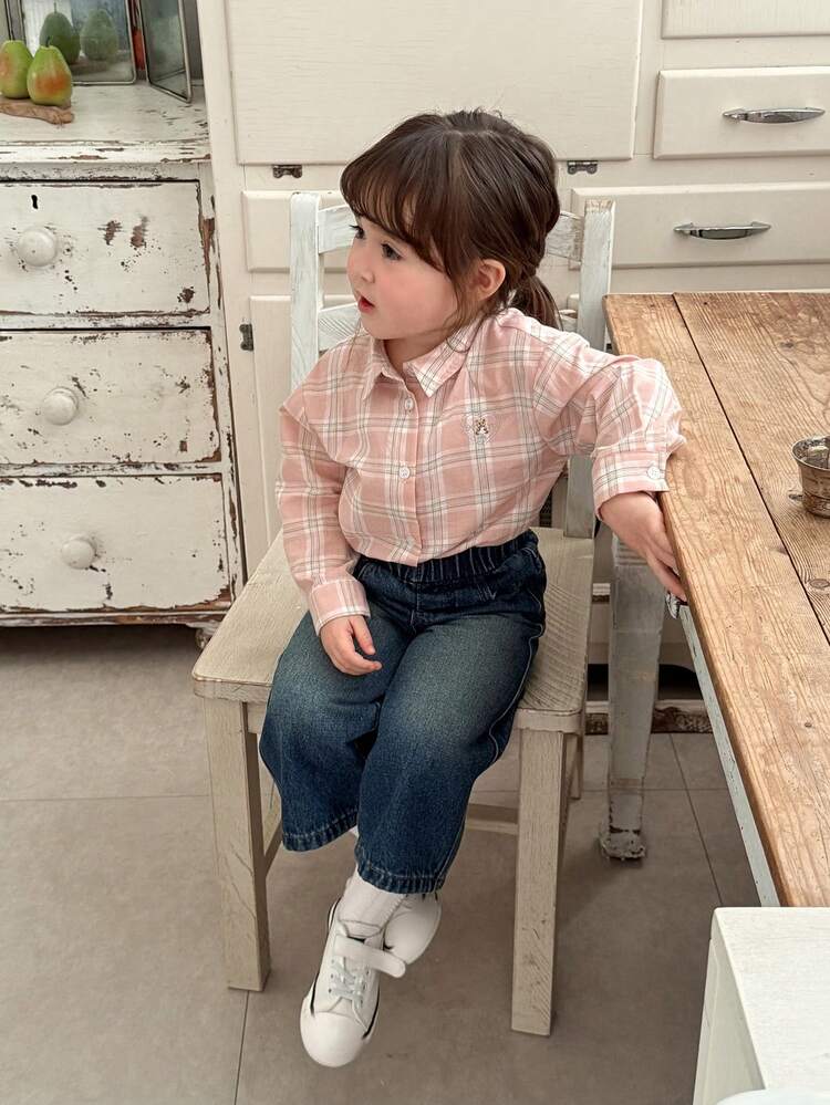 Toddler Girls' Plaid Long Sleeve Top, Korean Style, Summer