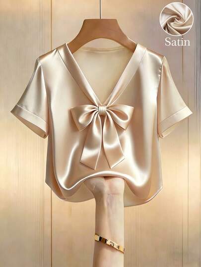 Franclia 优雅通勤装衬衫，短袖V领，饰有蝴蝶结，雪纺面料，香槟色，适合春夏穿着，优雅闪亮，适合派对穿着