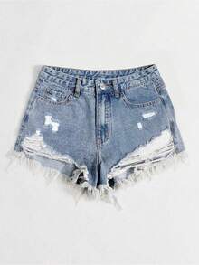 SHEIN PETITE 女士休闲破洞毛边牛仔短裤 - 中等水洗藍 - 查看 5