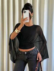 Siren Gaze Women's Solid Color Round Neck Pleated Casual Versatile Daily Wear T-Shirt - Black - View 4