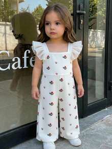 SHEIN LMoss Kids LMoss 嬰兒女童針織花卉拼接荷葉領休閒連身褲 短袖連身褲 櫻桃造型套裝 - 彩色 - 查看 8