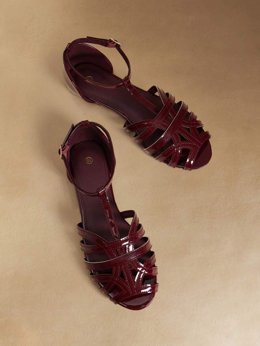 Rosivie Women's Hollow-Out Buckle Design Casual Flat Sandals - Burgundy - View 1