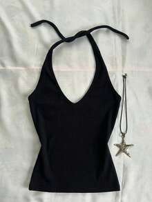 Attitoon Women's Casual Backless Tight Top, V-Neck Halter Shirt, Women's Daily Outfit, Y2K Style - Black - View 8