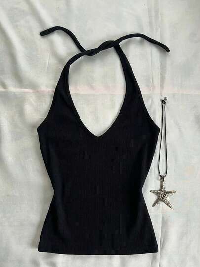 Comfortcana Women's Casual Backless Tight Top, V-Neck Halter Shirt, Women's Daily Outfit, Y2K Style,Summer Outfits,Casual Outfits,Backless Top,Black Top,Vintage