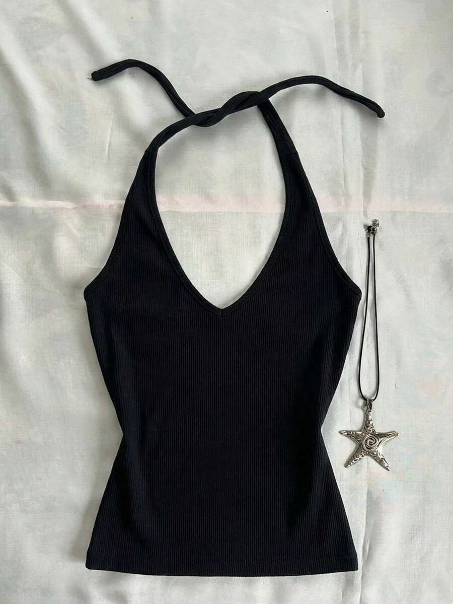 Comfortcana Women's Casual Backless Tight Top, V-Neck Halter Shirt, Women's Daily Outfit, Y2K Style,Summer Outfits,Casual Outfits,Backless Top,Black Top,Vintage - Black - View 1