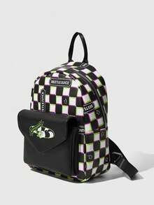 Beetlejuice | ROMWE Dark Punk Checkerboard And Alphabet Style Commuter Backpack - checkerboard - View 6