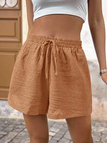 Brillora Summer Beach Solid Knot Waist Shorts - Brown - View 4
