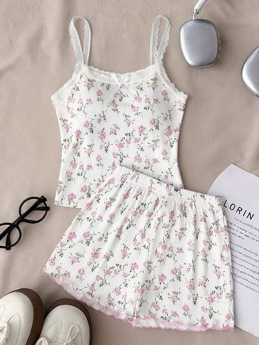 SHEIN 2pcs/Set Tween Girl Floral Pattern Ribbon Bow Ruffle Trim Camisole And Shorts Comfortable Casual Fitted Pajama Set - Pink - View 1