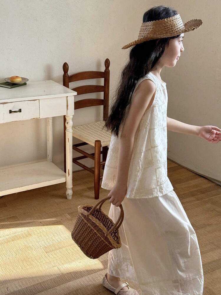 Tween Girl Casual Vacation Style Embroidered Textured Loose Sleeveless Top And Wide Leg Pants Set, Spring/Summer