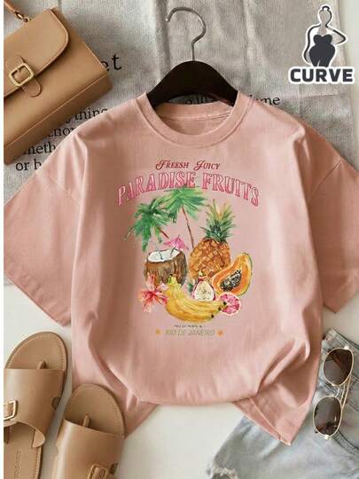 Curvy payera camiseta gráfica dama mujer femenino manga corta cuello redondo básica cómoda fresca ligera moderna juvenil casual estampado letras playa mar sal estrella flor flores salida casa diario dia playa calor primavera verano oficina versatil creativa