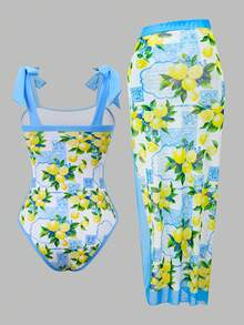 SHEIN Swim Oasis 女士柠檬印花连体泳衣罩衫及半身裙套装，度假沙滩装 - 彩色 - 查看 2
