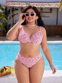 Swim Mod Traje de baño con estampado floral talla grande para mujeres, conjunto de playa con tirantes finos y espalda descubierta, adecuado para vacaciones de verano en la playa - Rosa - Ver 5