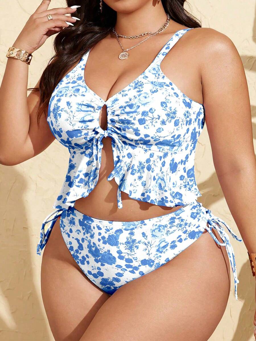 Swim Mod Traje de baño de dos piezas con top halter con volantes y estampado floral pequeño para mujer de talla grande - Azul - Ver 1