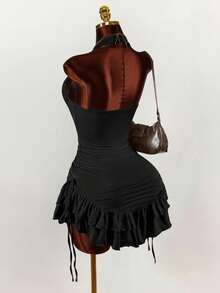 Amplova Asymmetric Ruffle Hem Fitted Mini Dress With High Collar,Black Dress For Women - Black - View 7