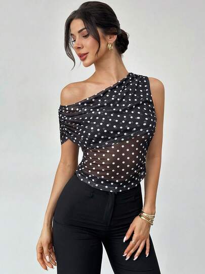 Firerie Women's New Vintage Black And White Polka Dot Pleated Loose Fit Asymmetrical Shoulder T-Shirt, Polka Dot Asymmetrical Shoulder Women's Top, Retro Asymmetrical Shoulder Women's Blouse, Asymmetrical Shoulder Neck Top, Black And White Polka Dot Blouse, Spring/Summer Clothing, Elegant, Commute, Date, Party, Music Festival, Work Outfit, Back To School, Boho, Vacation, Bohemian, Beach, Top, Y2K Top, Sexy Lady Top