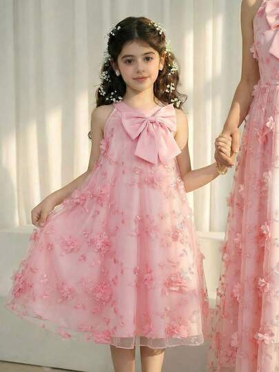 Glamorique Kids Vestido de línea A elegante para niña de las flores y dama de honor con cuello redondo, sin mangas, chaleco con corbata de moño, textura de tela de mariposa para niñas preadolescentes