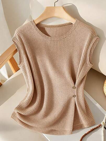 Franclia Stylish, Slimming, Round Neck T-Shirt With Asymmetrical Slits, Suitable For Women's Summer Wear, Perfect For Parties, Casual Outings, And More. Pink Top. Women S Short Sleeve Tops Sweater Vest For Women Summer Tops Women Ribbed Shirt Knit Top Women Knit Tops Women Ribbed Knit Shirt Womens Short Sleeve Tops Waffle Knit Top