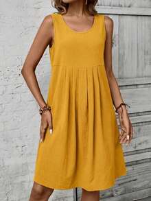 EMERY ROSE 女士休闲印花褶皱无袖连衣裙，夏季 - 黃色 - 查看 5