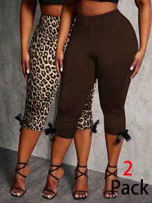 SHEIN SXY 2pcs/Set Plus Size Women's Leopard Print & Chocolate Brown Capri Pants With Bow Decor,Summer Casual Country Everyday Mid-Waist Elastic Capri Pants Set - Brown - View 1