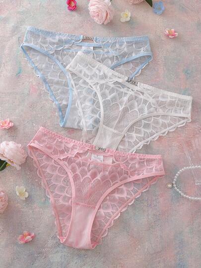 FloralLove 3件套女士蕾丝拼接腰部水钻链装饰内裤，乡村风性感内衣，适合娇小身材，荷叶边蕾丝内裤，女士蕾丝内衣