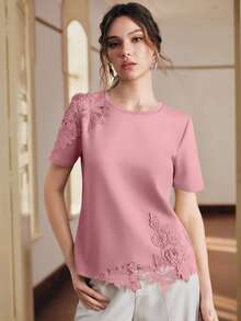 Anewsta Camiseta de manga corta de punto verde con parches de encaje y diseño floral bordado en 3D, top de primavera/verano para mujer - Rosa vieja - Ver 2