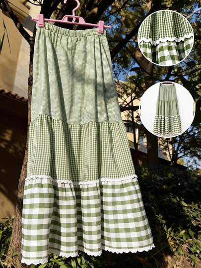 Sweetra Plus Size Cute Plaid Patchwork Midi Skirt