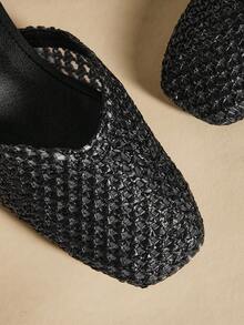 Rosivie Women's Shoes, Summer, Breathable Woven Straps, Square Toe, Thick Heel, Low Heel, Casual Vacation Style, Straw Material, Black, Mule Shoes, Daily Wear/Seaside Travel - Black 1 - View 5