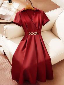 Franclia 日常百搭气质优雅通勤休闲V领短袖收腰A级女装酒红色连衣裙女士夏季连衣裙女士优雅派对连衣裙优雅连衣裙女士通勤连衣裙夏季度假连衣裙职场连衣裙中长款女士春夏连衣裙酒红色连衣裙女士纯色连衣裙酒红色连衣裙短袖连衣裙女士优雅连衣裙女士正式连衣裙高品质连衣裙 - 紅色 - 查看 1