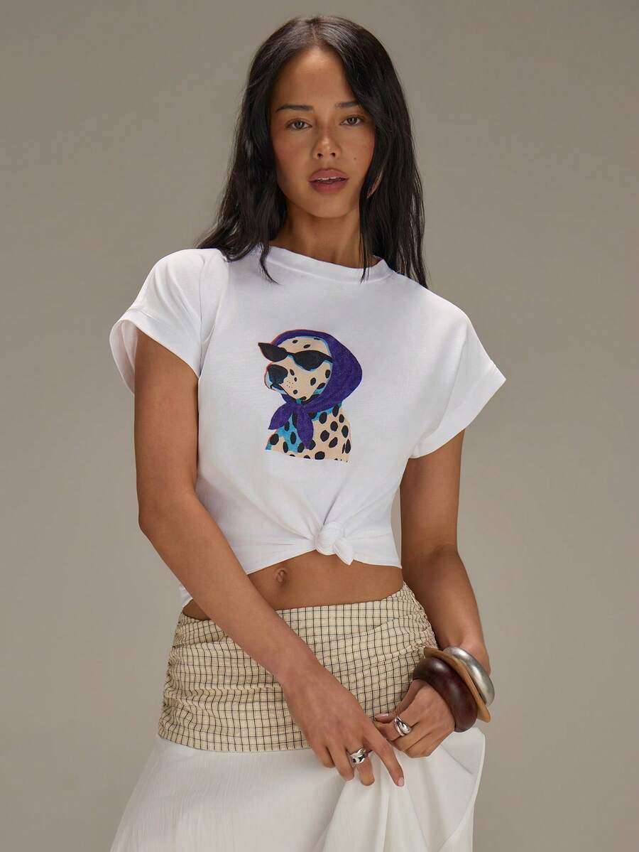 Athîral 女士休闲狗狗印花纯棉T恤 - 白色 - 查看 1