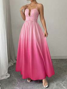 Elenzga 1pc Women's Spring/Summer Gradient Ruched Hollow Halter Waist A-Line Dress, Elegant Vacation Outfit - Pink - View 5