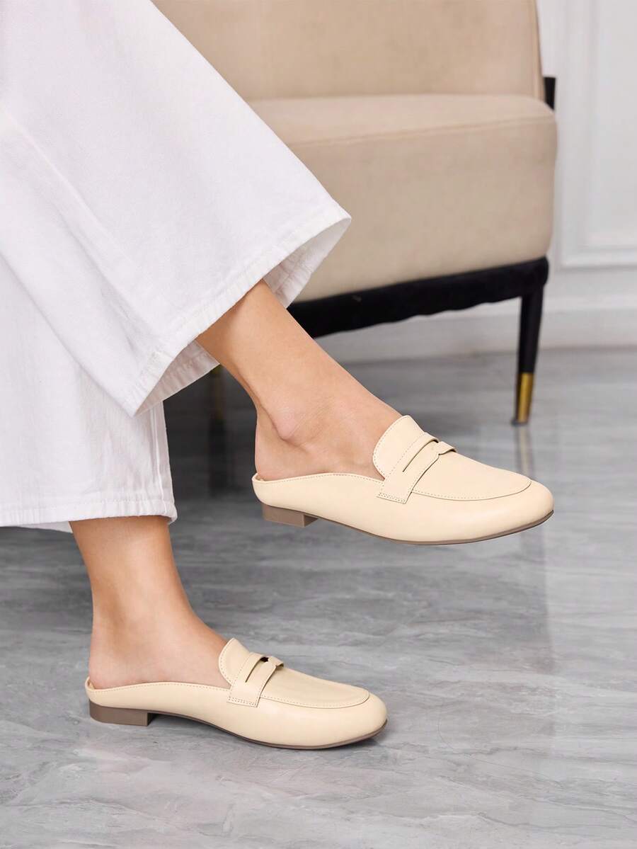 Sleekvia 女士鞋履春夏新款圆头平底杏色穆勒鞋，日常百搭通勤半拖鞋，休闲百搭平底鞋 - 杏色 - 查看 1