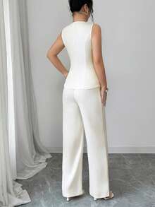 Elenzga Women's Fashionable Spring/Summer High-End Metal Buckle Round Neck Vest And High Waist Wide Leg Pants 2 Pieces Set - White - View 2