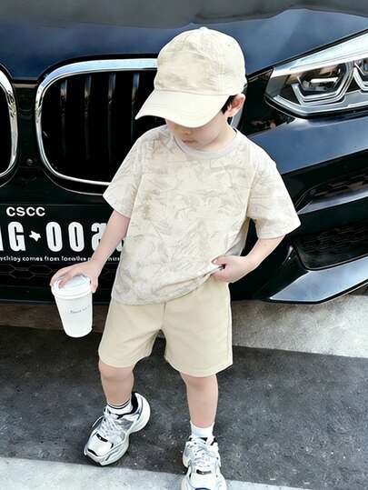 2pcs/Set Young Boy's Fashionable Vintage Leaf Print Design Short Sleeve T-Shirt And Casual Sports Shorts, Suitable For Parties, Festivals, Spring/Summer, Lightweight And Comfortable