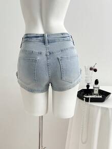 Elamini 时尚低腰开衩蝴蝶结水洗迷你牛仔短裤 - 淺色水洗藍 - 查看 2