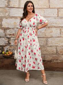 Breezaya Elegant Floral Print Plus Size V-Neck Dress For Women - Apricot - View 6