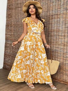 Breezaya Plus Size Women's Bohemian Floral Print Jumpsuit, Deep V-Neck Elastic Waist Loose Pants,Yellow Summer Boho Vacation Holiday Tropical Chic Style - Multicolor - View 5