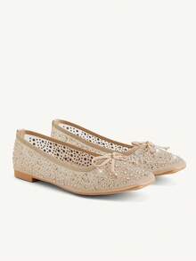 CUCCOO CHICEST Women Shoes Spring And Summer Fashion Apricot Full Rhinestone Mesh Yarn Small Bow Women's Flat Shoes Elegant Comfortable Breathable Cute Sweet Flat Women's Shoes Elegant Shoes Wedding Shoes Spring Shoes Bride Shoes - Apricot 2 - View 3