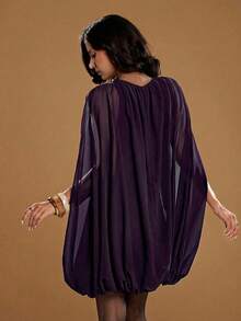 Aloruh 女士休闲优雅紫色雪纺迷你裙，蓬松迷你裙，迷人小连衣裙 - 中紫紅色 - 查看 6