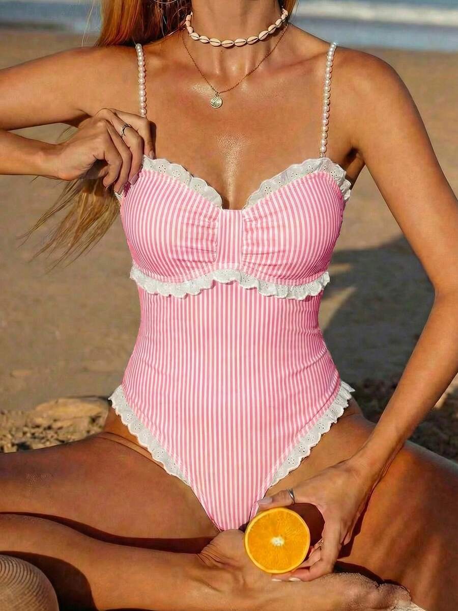 Swim Mod 度假沙滩条纹珍珠吊带连体泳衣 - 粉色 - 查看 1