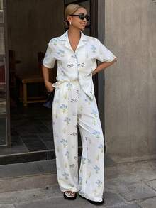 DAZY 2pcs Plant Pattern Loose Cardigan Short Sleeve & Straight Leg Long Pajama Pants Set, Women Summer Sleepwear - Beige - View 1